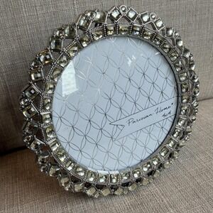 Parisian Home Silver Jeweled Round Metal Picture Photo Frame 4x4 Tabletop Decor